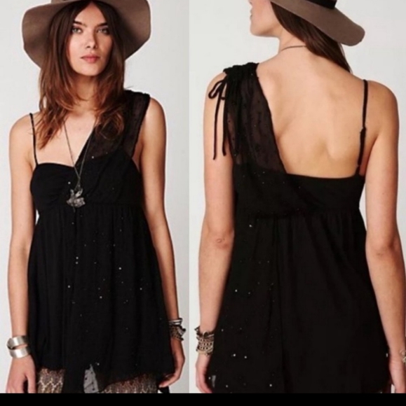 NWT Free People One Shoulder Square Neck Fairuza Black Sequin Tunic Tank Top - Picture 1 of 7